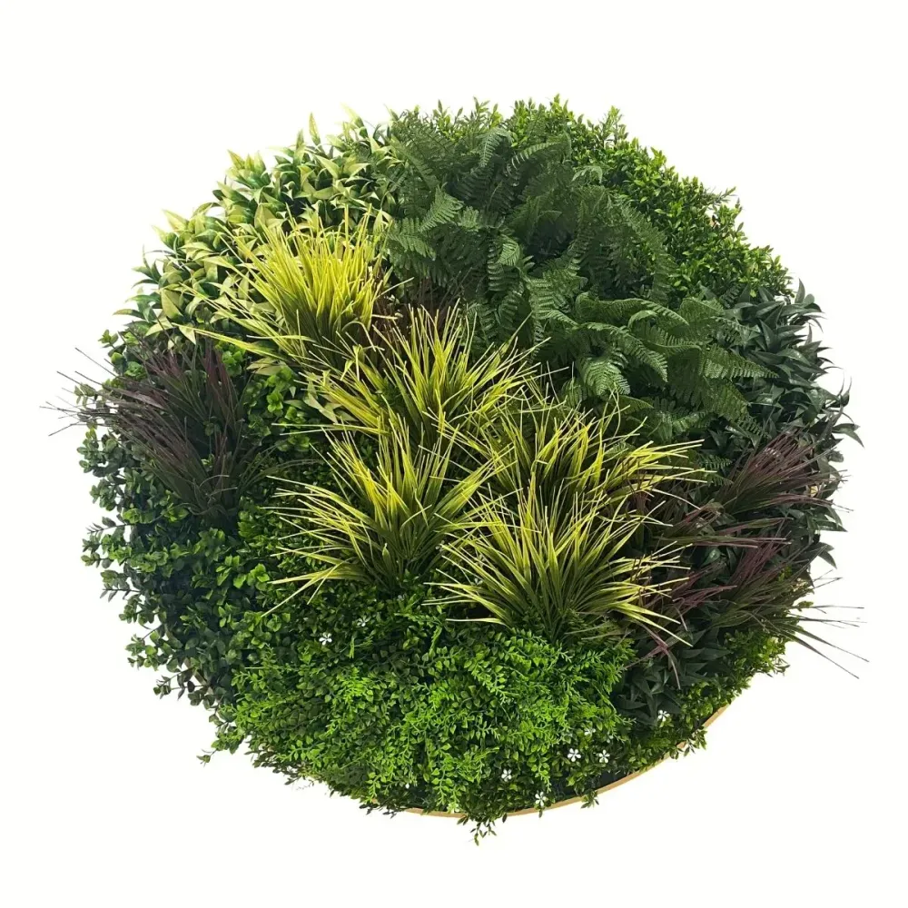 Aranjament decorativ, de perete, cu ramă din aluminiu și plante artificiale Naimeed D7464, diametru 100 cm