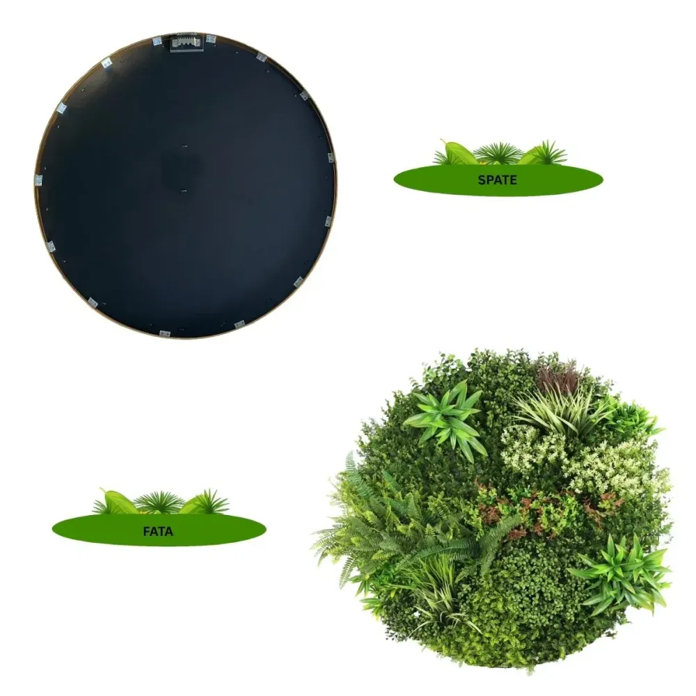 Aranjament decorativ, de perete, cu ramă din aluminiu și plante artificiale Naimeed D7463, diametru 100 cm