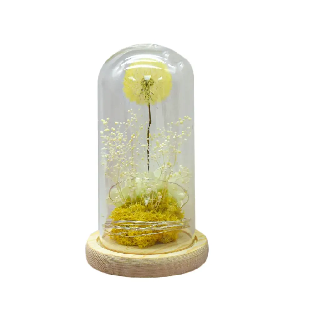 Aranjament floral cupola de sticla, lumina Led, D4025, Galben