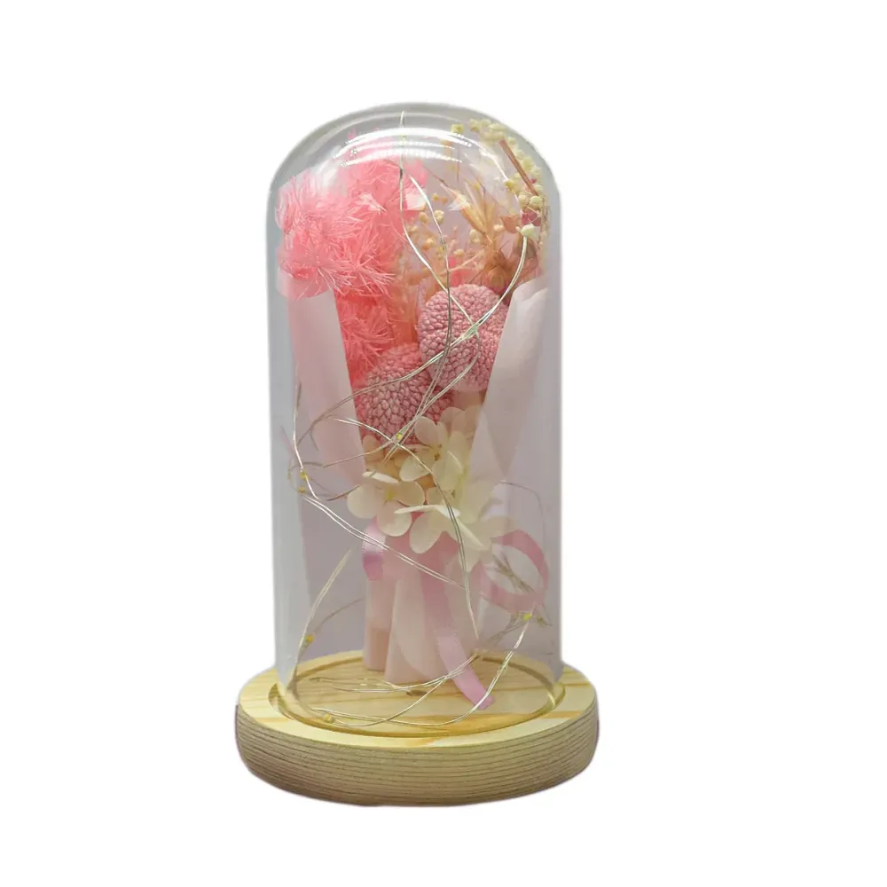 Aranjament floral cupola de sticla, lumina Led, D4002, Roz