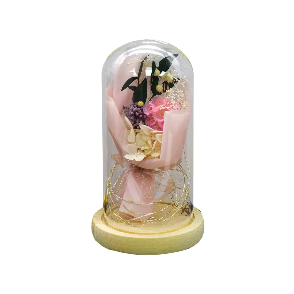 Aranjament floral cupola de sticla, lumina Led, D4001, Roz