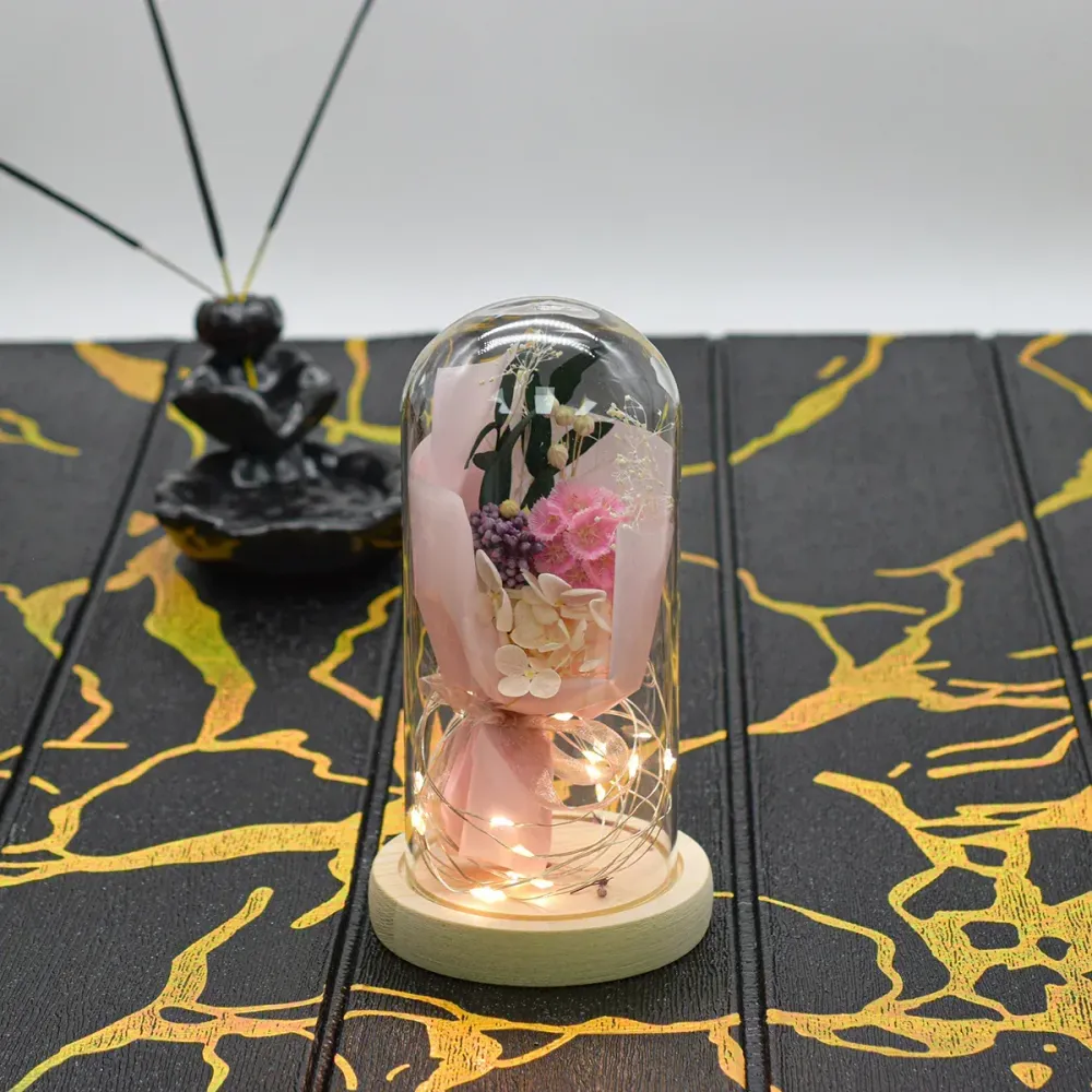 Aranjament floral cupola de sticla, lumina Led, D4001, Roz