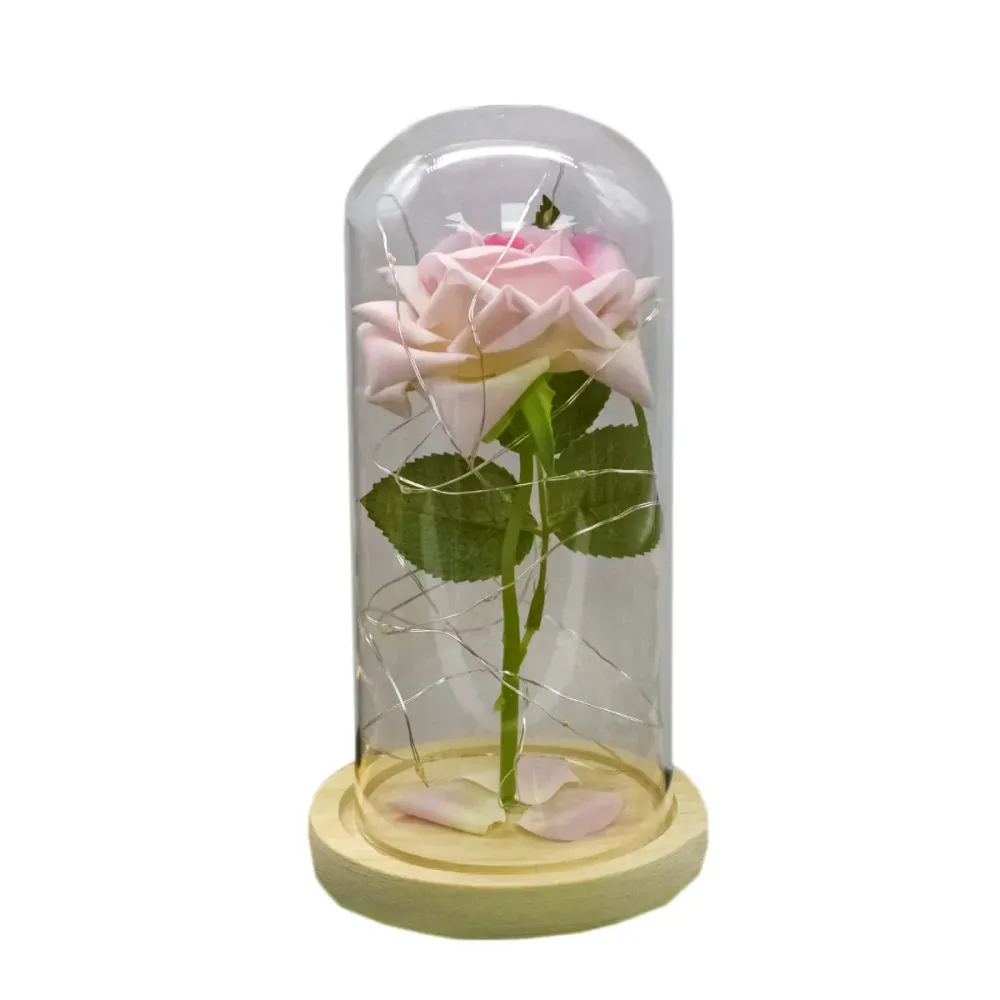 Aranjament floral cupola de sticla, lumina Led, D4028, Roz pal