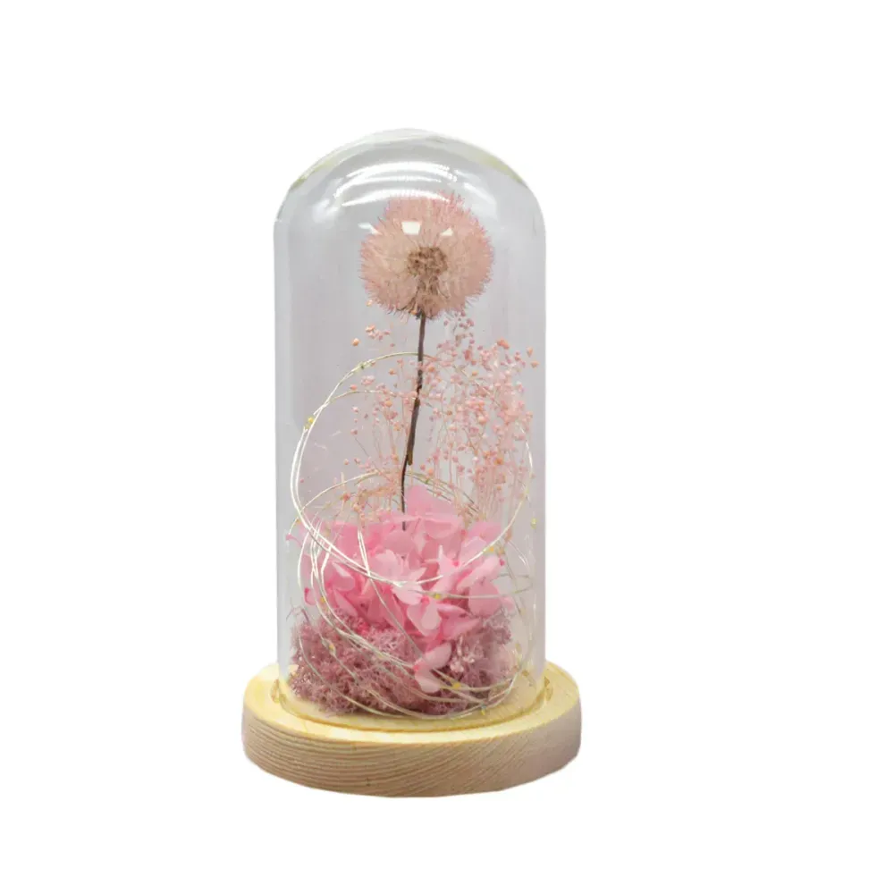 Aranjament floral cupola de sticla, lumina Led, D4025, Roz