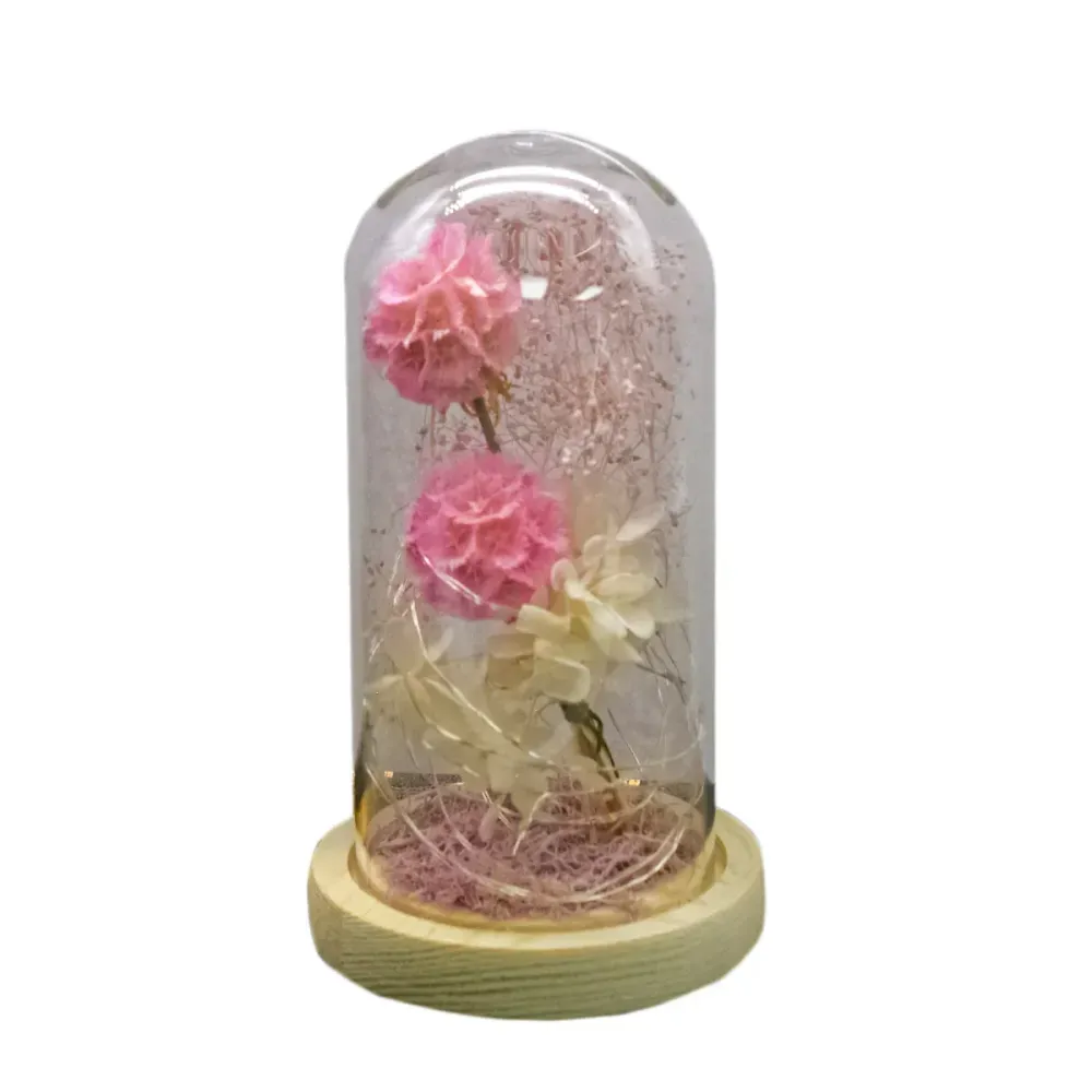 Aranjament floral cupola de sticla, lumina Led, D4024, Roz