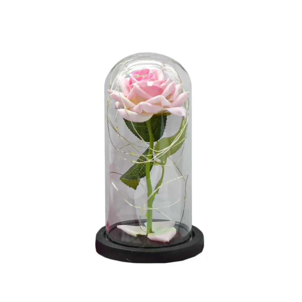 Aranjament floral cupola de sticla, lumina Led, D4005, Roz pal