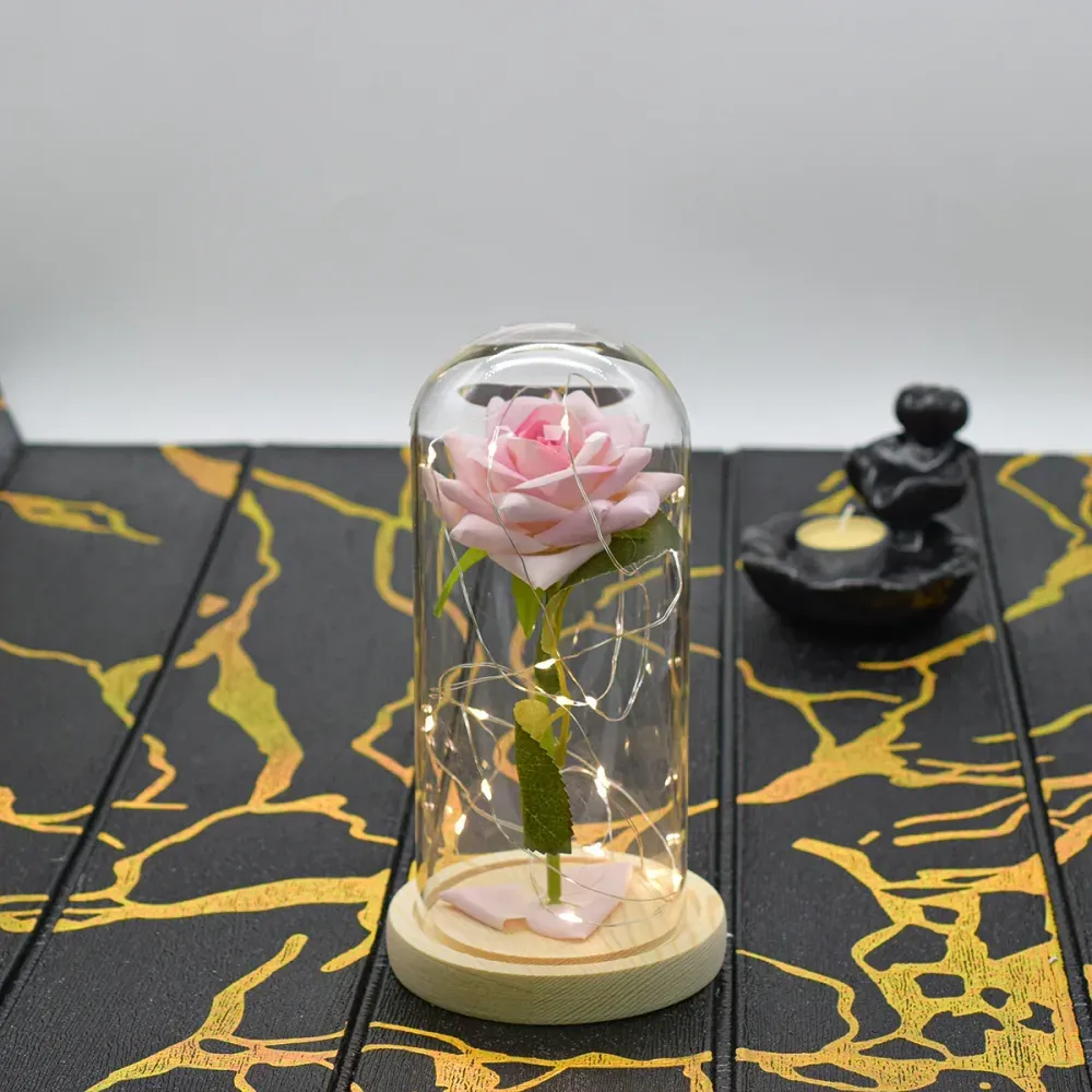 Aranjament floral cupola de sticla, lumina Led, D4032, Roz pal