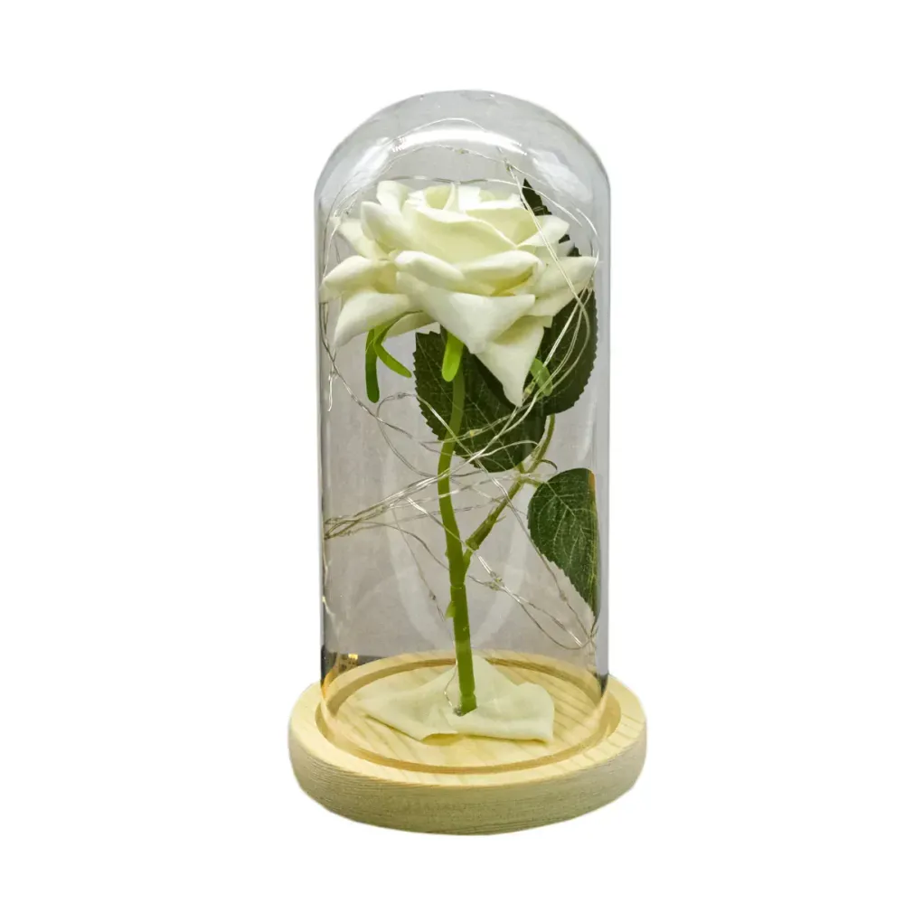 Aranjament floral cupola de sticla, lumina Led, D4032, Alb