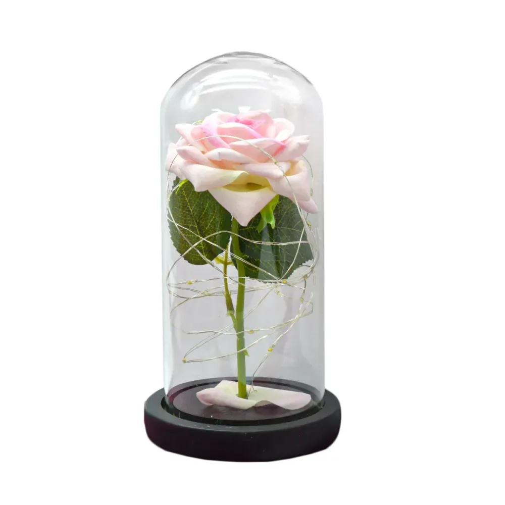 Aranjament floral cupola de sticla, lumina Led, D4006, Roz pal