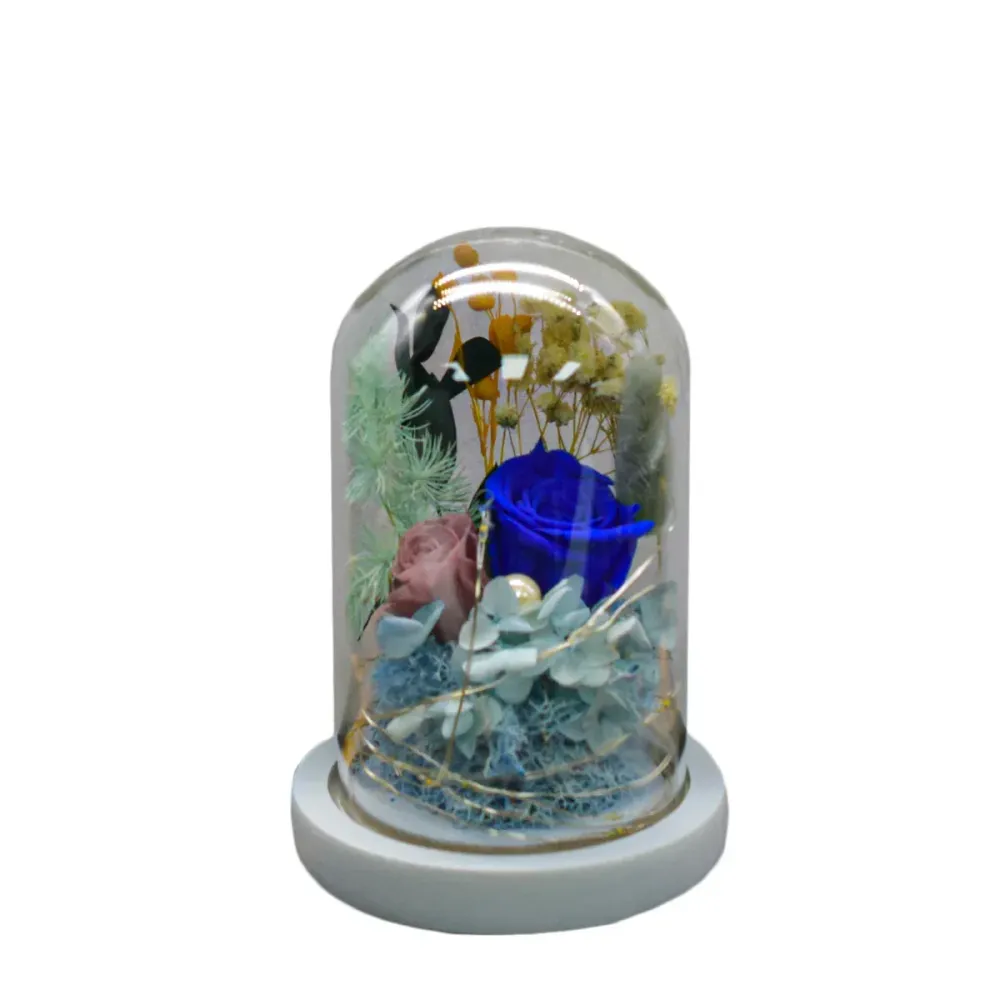 Aranjament floral cupola de sticla, lumina Led, D4035, Albastru