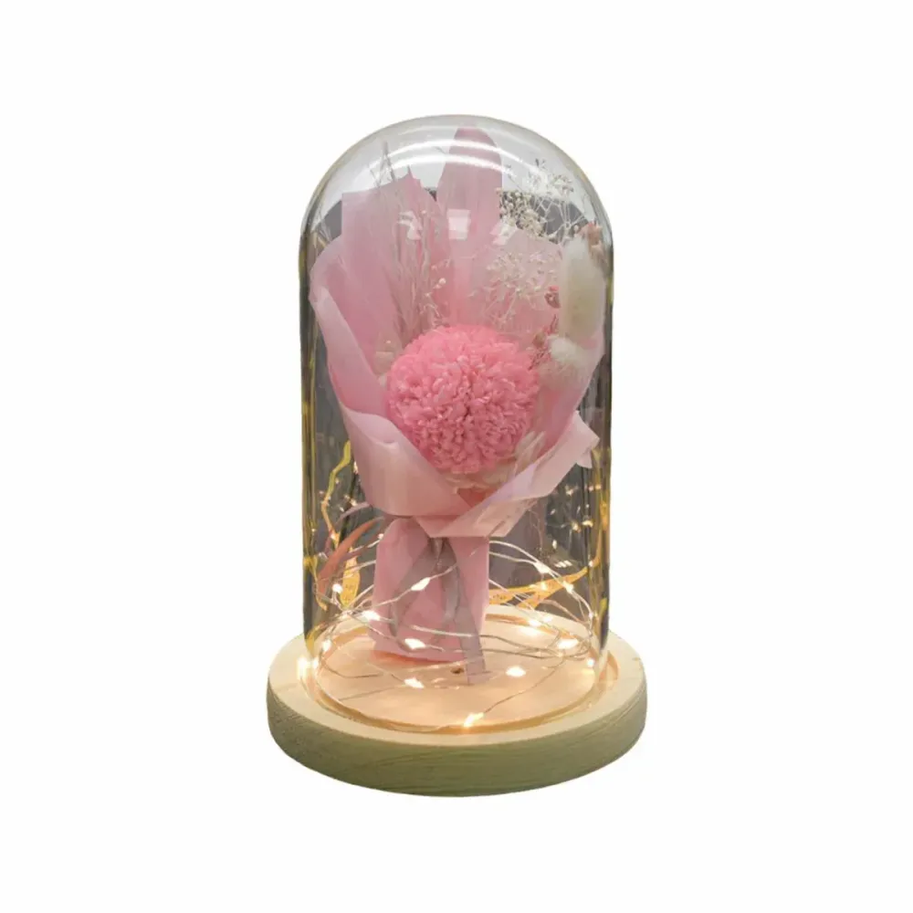 Aranjament floral cupola de sticla, lumina Led, D4038, Roz pal