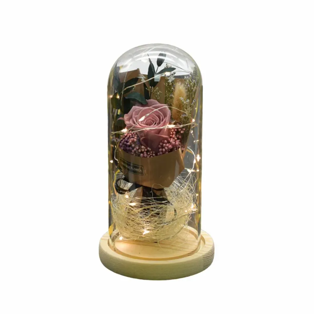 Aranjament floral cupola de sticla, lumina Led, D4036, Roz pal