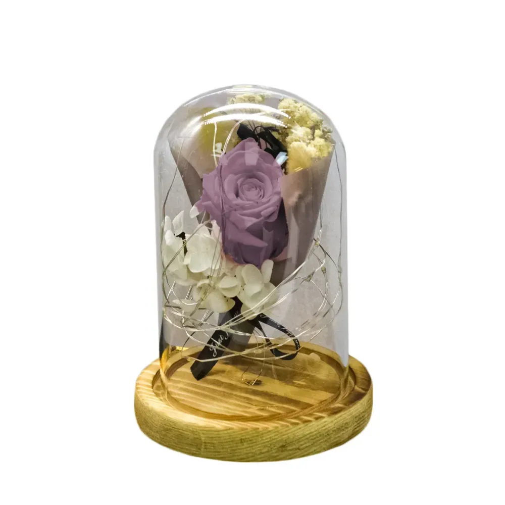 Aranjament floral cupola de sticla, lumina Led, D4016, Roz pal