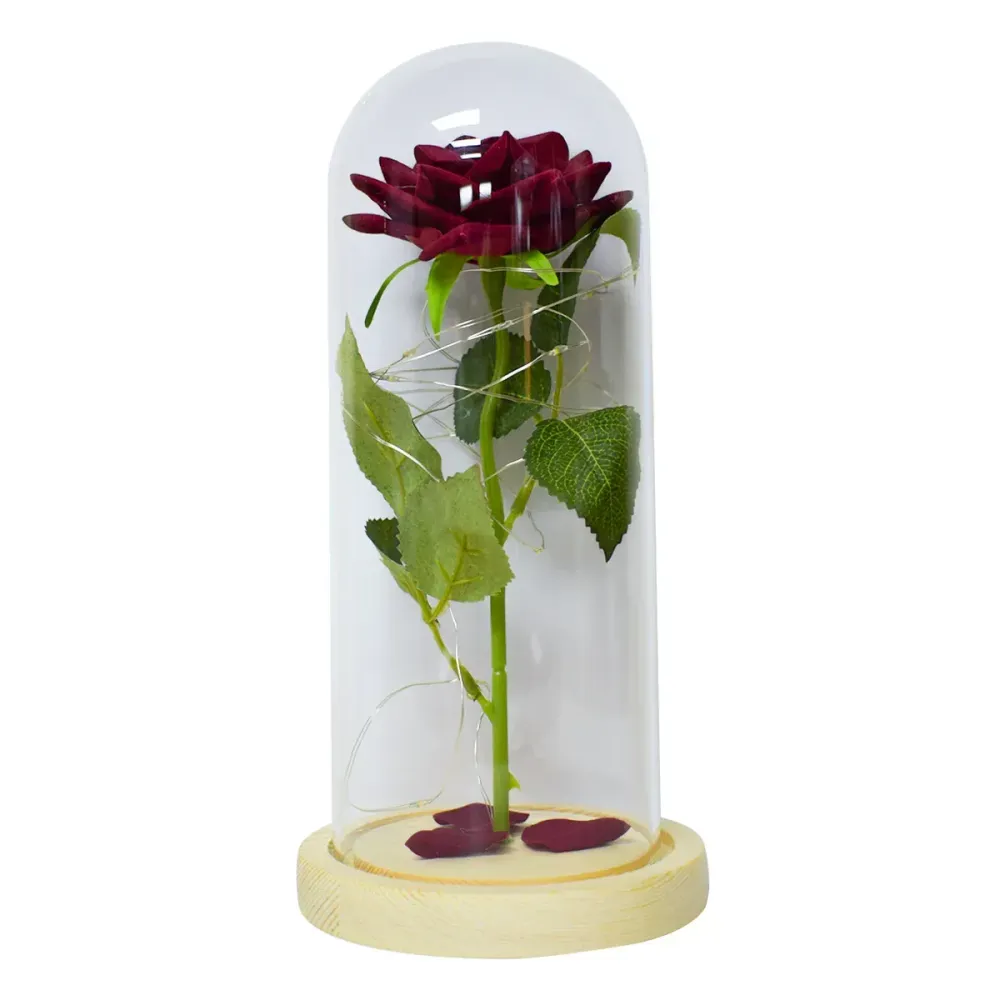 Aranjament floral cupola de sticla, lumina Led, D4027, Rosu