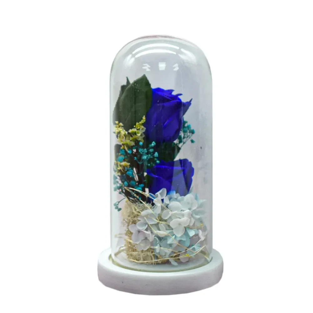 Aranjament floral cupola de sticla, lumina Led, D4014, Albastru