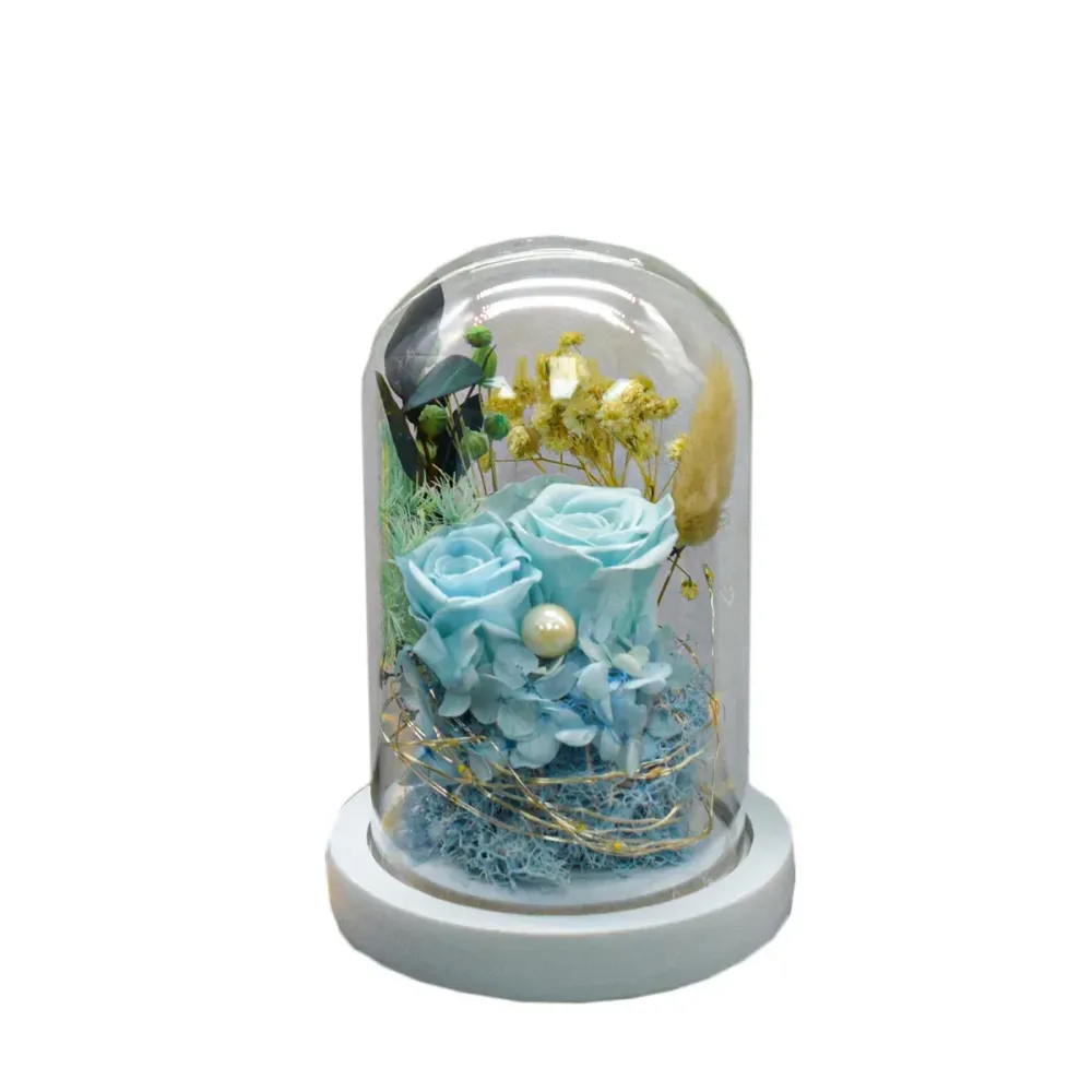 Aranjament floral cupola de sticla, lumina Led, D4035, AlbastruDeschis