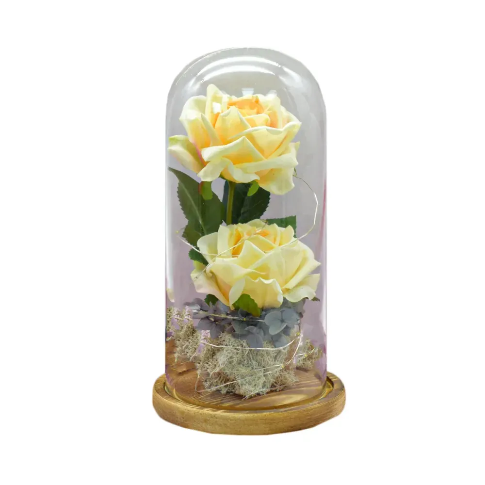 Aranjament floral cupola de sticla, lumina Led, D4011, Portocaliu