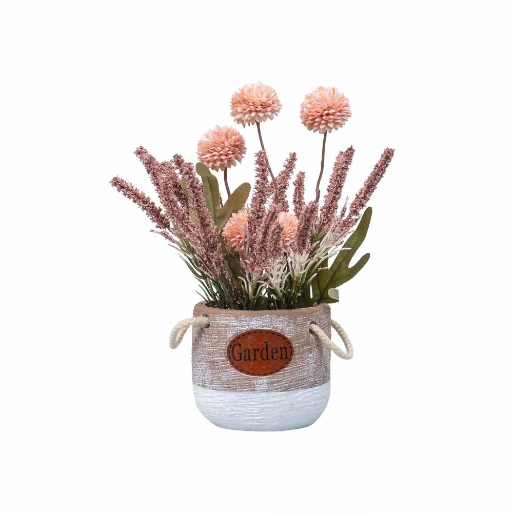 Aranjament floral, ghiveci din ceramica, H27 crizantema si lavanda, culoare somon / ZTS 8054