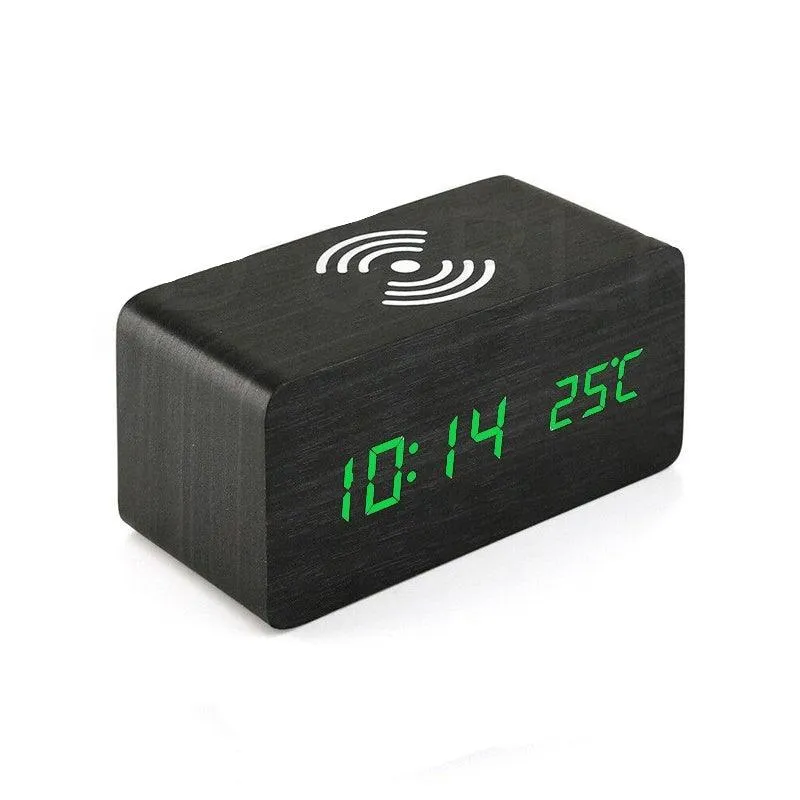 Ceas Digital de Birou cu Încărcare Wireless și Comandă Vocală – Afișaj LED Verde, Termometru, Alarmă și 3 Trepte de Lumina...