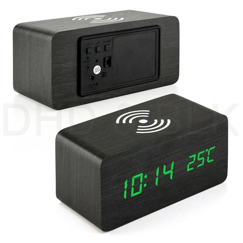 Ceas Digital de Birou cu Încărcare Wireless și Comandă Vocală – Afișaj LED Verde, Termometru, Alarmă și 3 Trepte de Lumina...