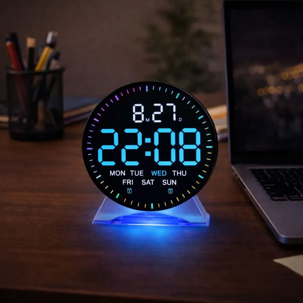 Ceas digital LED inteligent cu calendar complet alarma si iluminare ambientala, 12cm