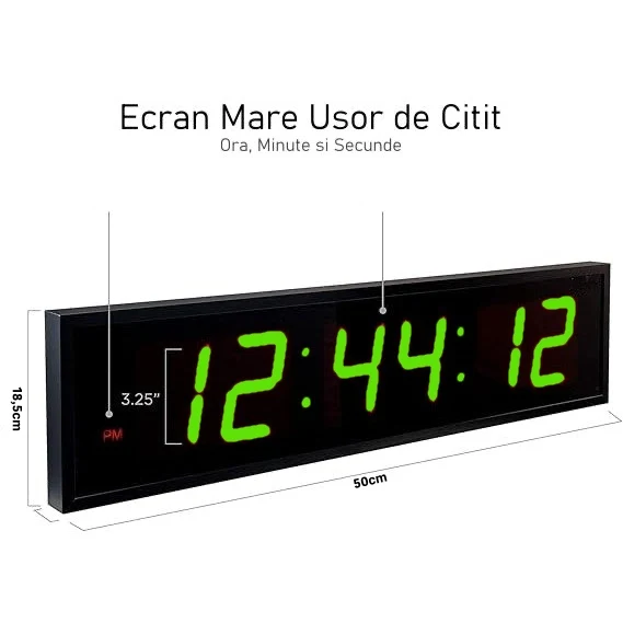 Ceas Digital Mare de Masă și Perete 100cm cu Afișaj LED Verde – Cronometru, Alarma și Telecomandă, Ideal pentru Săli de Sp...