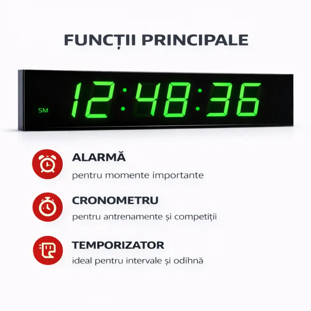 Ceas Digital Mare de Masă și Perete 70cm cu Afișaj LED Verde, Alarmă, Cronometru și Telecomandă – Ideal pentru Săli de Spo...