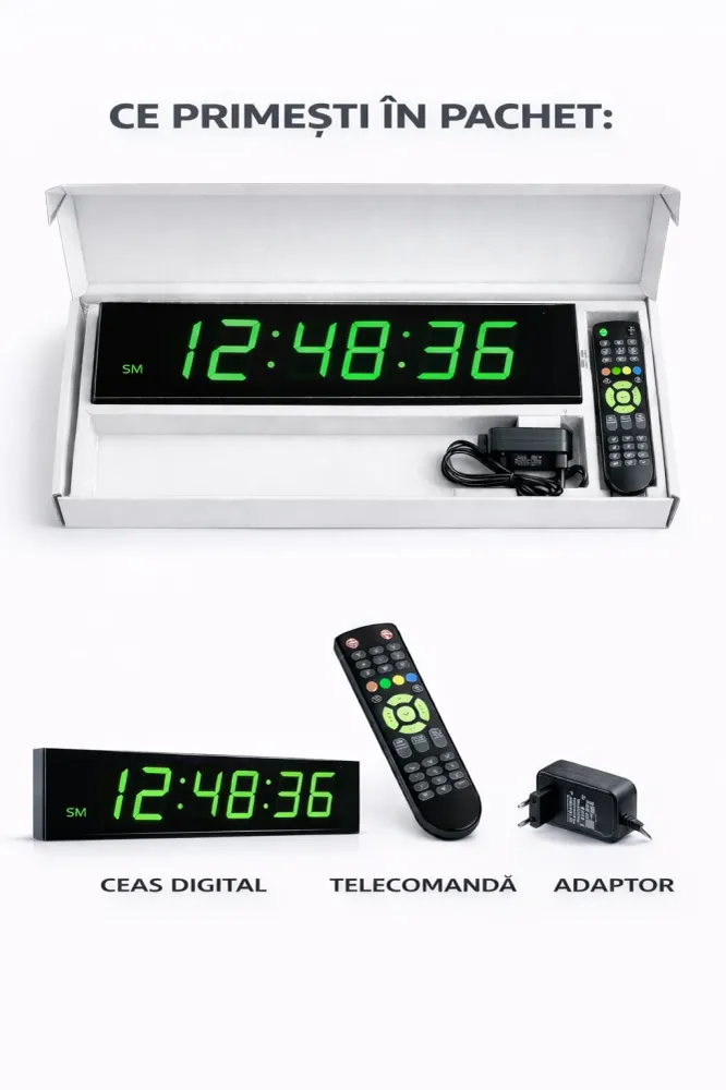 Ceas Digital Mare de Masă și Perete 70cm cu Afișaj LED Verde, Alarmă, Cronometru și Telecomandă – Ideal pentru Săli de Spo...