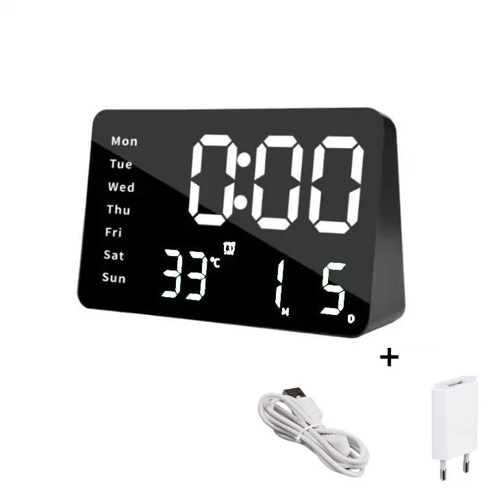 Ceas Digital de Masă cu Ecran Oglindă – LED Alb, Alarma, Calendar, Temperatura și Funcție Snooze pentru Birou sau Dormitor