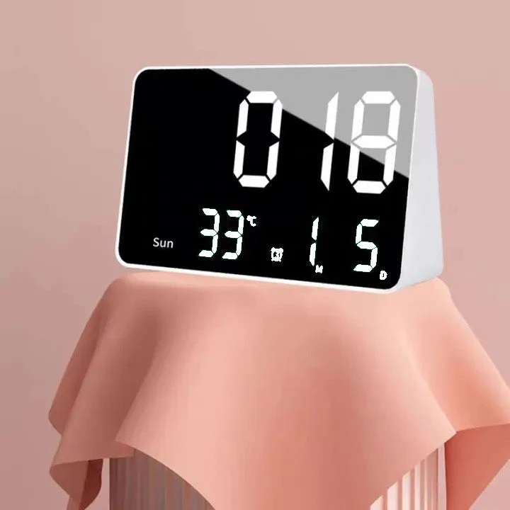 Ceas Digital de Masă cu Ecran Oglindă – LED Alb, Alarma, Calendar, Temperatura și Funcție Snooze pentru Birou sau Dormitor