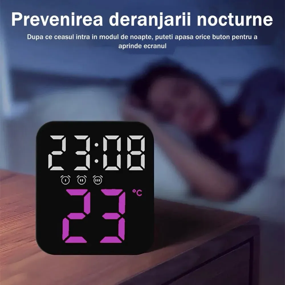 Ceas Digital de Masă cu LED Mov – 3 Alarme, Calendar, Temperatura, Funcție Snooze și Mod de Noapte cu 2 Trepte de Intensitate
