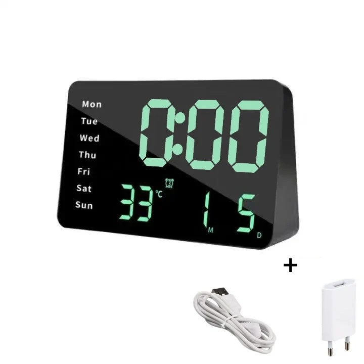 Ceas Digital de Masă cu LED Verde – Alarma, Calendar, Temperatura și Ecran Oglindă, Funcție Snooze și Mod de Noapte pentru...