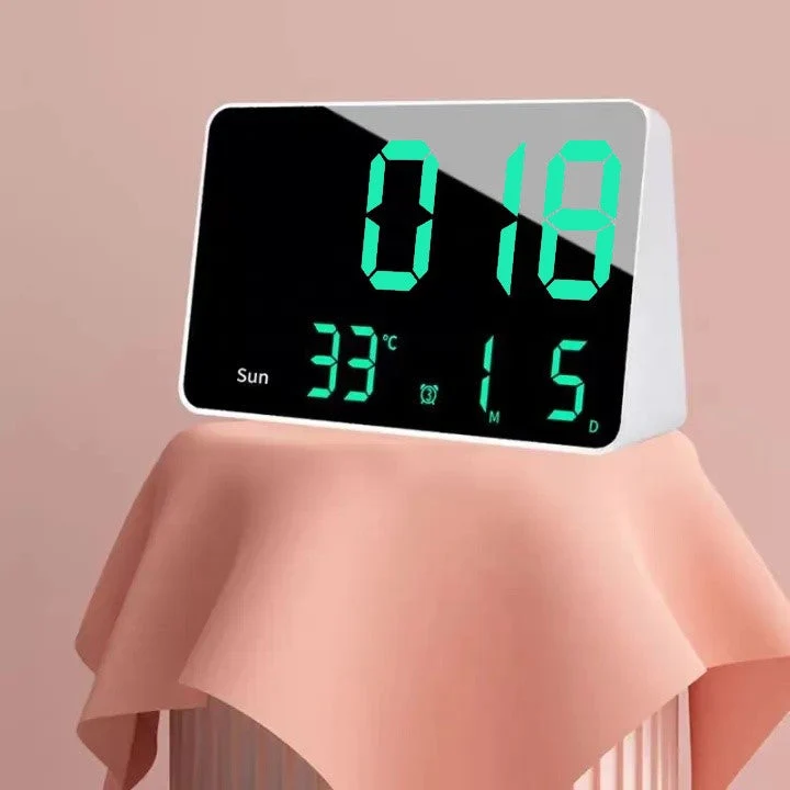 Ceas Digital de Masă cu LED Verde – Alarma, Calendar, Temperatura și Ecran Oglindă, Funcție Snooze și Mod de Noapte pentru...