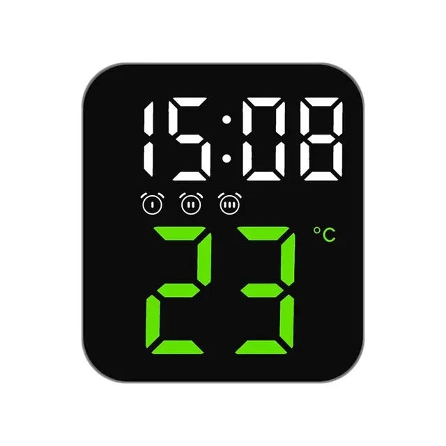 Ceas Digital de Masă cu LED Verde – 3 Alarme, Calendar, Temperatura, Funcție Snooze și Mod de Noapte cu 2 Trepte de Intens...