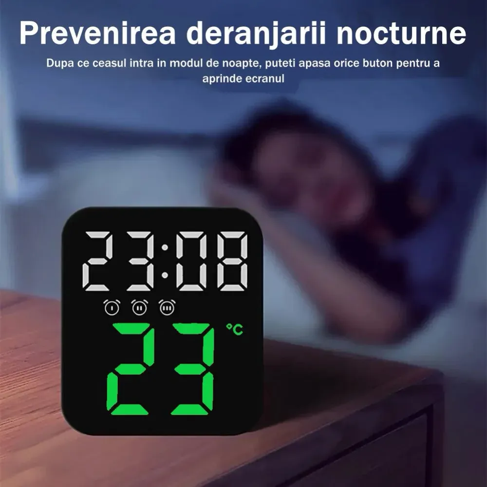 Ceas Digital de Masă cu LED Verde – 3 Alarme, Calendar, Temperatura, Funcție Snooze și Mod de Noapte cu 2 Trepte de Intens...