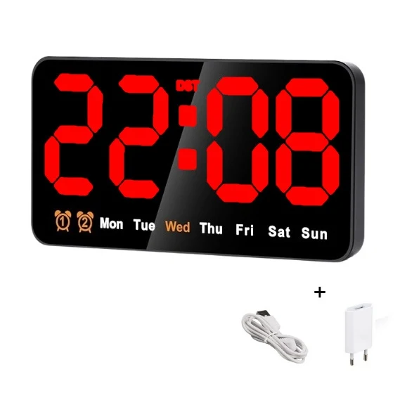 Ceas Digital de Masă și Perete 11x21cm cu Afișaj LED Roșu, Alarmă, Calendar, Temperatură și Funcție Snooze – Mod de Noapte...