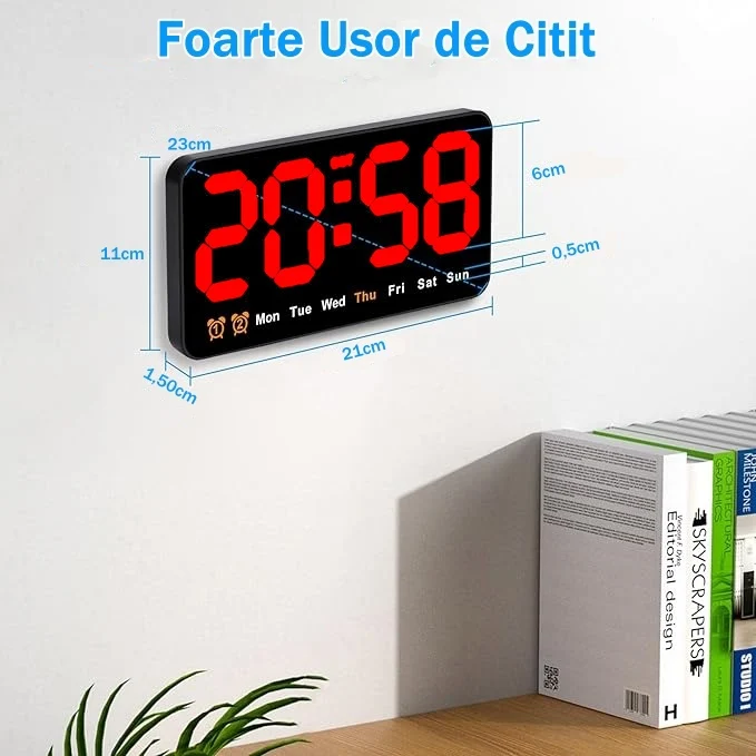 Ceas Digital de Masă și Perete 11x21cm cu Afișaj LED Roșu, Alarmă, Calendar, Temperatură și Funcție Snooze – Mod de Noapte...