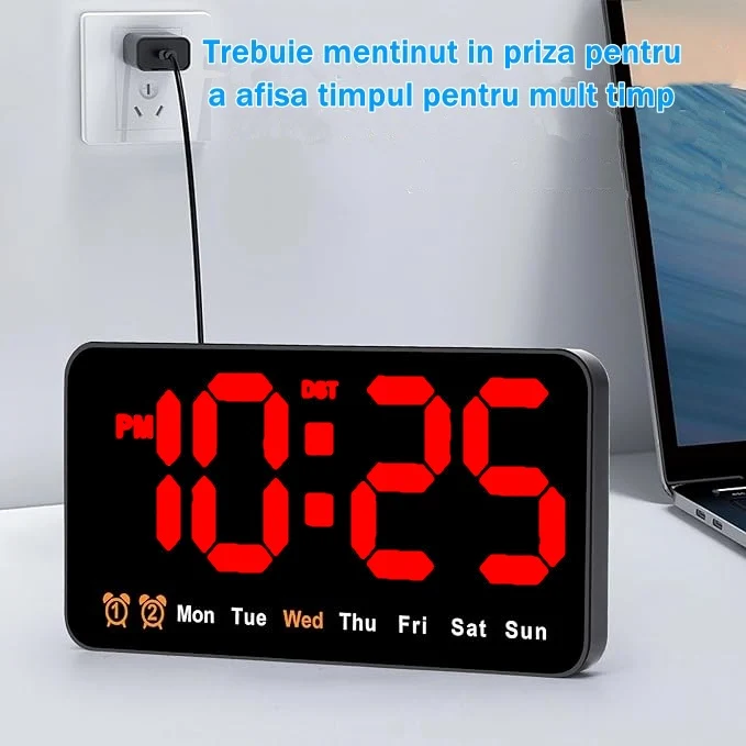 Ceas Digital de Masă și Perete 11x21cm cu Afișaj LED Roșu, Alarmă, Calendar, Temperatură și Funcție Snooze – Mod de Noapte...