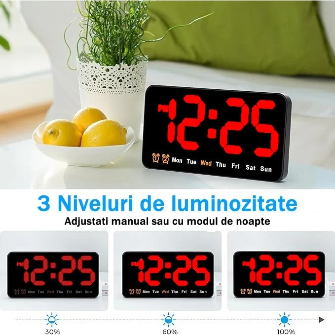 Ceas Digital de Masă și Perete 11x21cm cu Afișaj LED Roșu, Alarmă, Calendar, Temperatură și Funcție Snooze – Mod de Noapte...