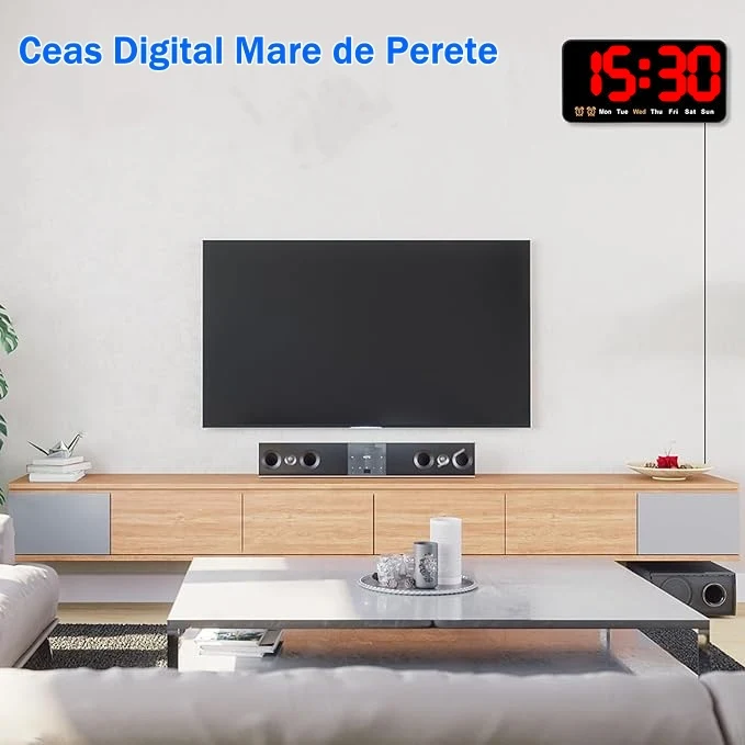 Ceas Digital de Masă și Perete 11x21cm cu Afișaj LED Roșu, Alarmă, Calendar, Temperatură și Funcție Snooze – Mod de Noapte...