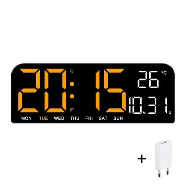 Ceas Digital de Masă și Perete 24x9cm cu LED Portocaliu – Calendar, Cronometru, Termometru, Alarmă și Funcție Snooze cu Lu...