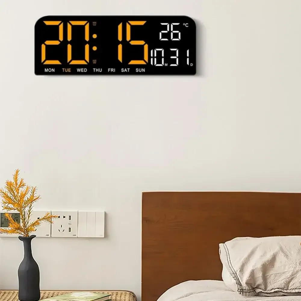 Ceas Digital de Masă și Perete 24x9cm cu LED Portocaliu – Calendar, Cronometru, Termometru, Alarmă și Funcție Snooze cu Lu...