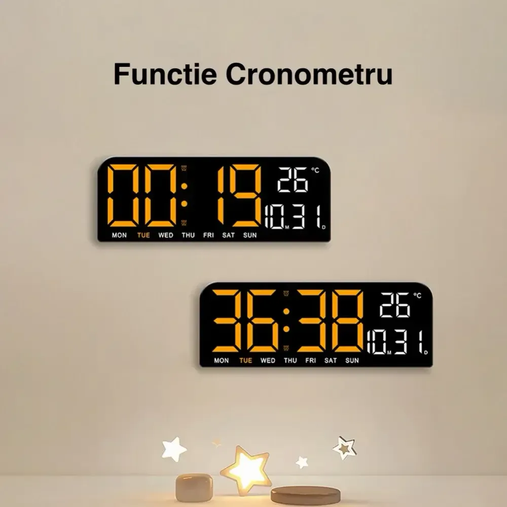 Ceas Digital de Masă și Perete 24x9cm cu LED Portocaliu – Calendar, Cronometru, Termometru, Alarmă și Funcție Snooze cu Lu...