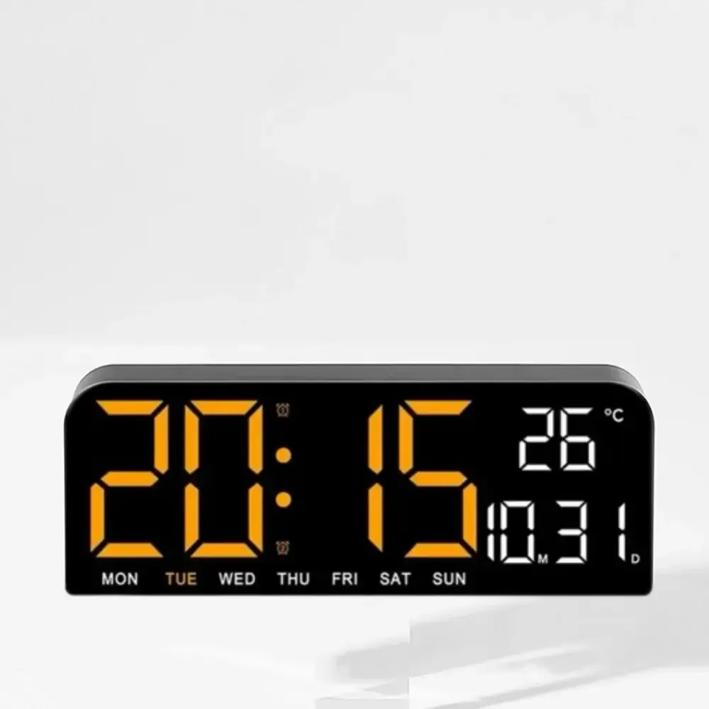 Ceas Digital de Masă și Perete 24x9cm cu LED Portocaliu – Calendar, Cronometru, Termometru, Alarmă și Funcție Snooze cu Lu...