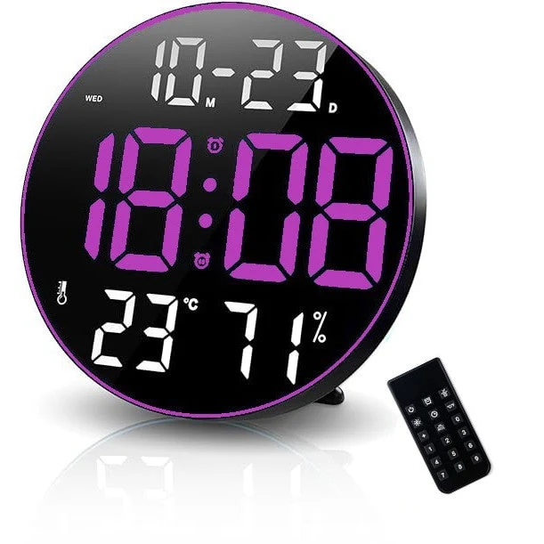 Ceas Digital de Masă și Perete 30cm cu LED Mov, Calendar, Temperatură, 2 Alarme, Termometru, Funcție Snooze și Telecomandă...