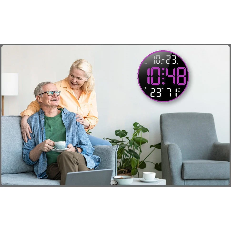 Ceas Digital de Masă și Perete 30cm cu LED Mov, Calendar, Temperatură, 2 Alarme, Termometru, Funcție Snooze și Telecomandă...
