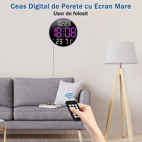 Ceas Digital de Masă și Perete 30cm cu LED Mov, Calendar, Temperatură, 2 Alarme, Termometru, Funcție Snooze și Telecomandă...