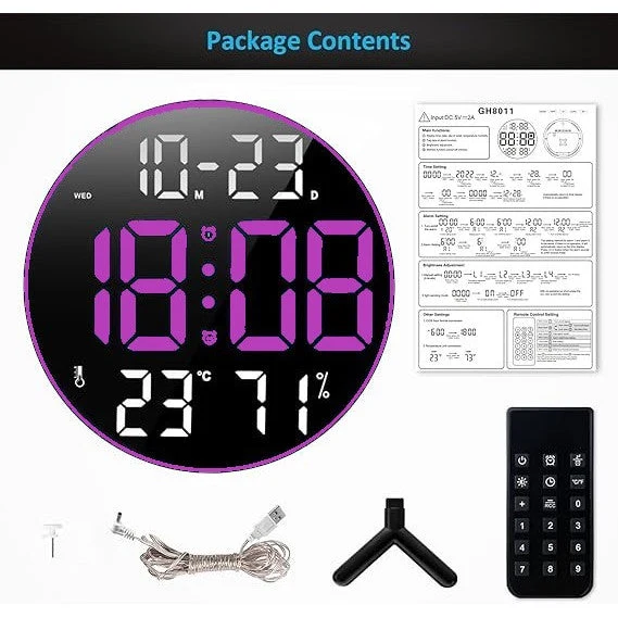 Ceas Digital de Masă și Perete 30cm cu LED Mov, Calendar, Temperatură, 2 Alarme, Termometru, Funcție Snooze și Telecomandă...