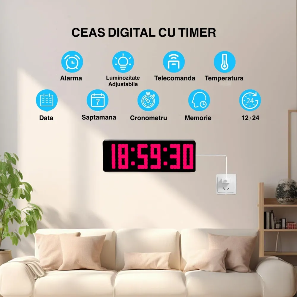 Ceas Digital de Masă și Perete 32cm cu Afișaj LED Roz – Cronometru, Timer, Calendar, Alarmă, Termometru, Funcție Snooze și...