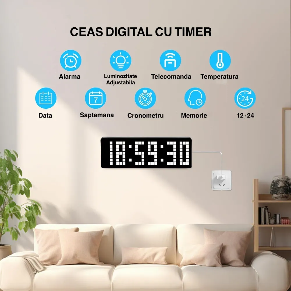 Ceas Digital de Masă și Perete 32cm cu LED Alb – Cronometru, Timer, Calendar, Alarmă, Termometru și Funcție Snooze, Teleco...